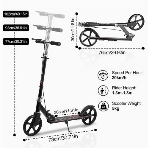 Product Introduction of Children's colorful flashing wheel scooter, foldable, suitable for children aged 7-14, adjustable height, with brakes, large wheels, black 10