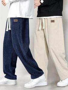Men's Letter Patched Drawstring Waist Corduroy Pants, Casual Comfy Wide Leg Trousers for Fall & Winter, Men's Bottoms for Daily Wear