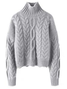 Women's Plain Drop Shoulder Cable Knit Sweater, Casual Long Sleeve High Neck Jumper for Fall & Winter, Fashion Ladies' Knitwear for Daily Wear