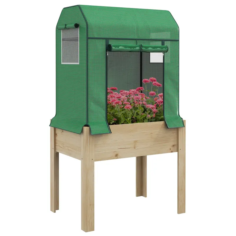 Wooden Planter Box with PE Greenhouse Cover and Bed Liner, Raised Garden Bed for Vegetables, Flowers, Herbs 1