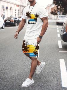 Men's Casual Summer Sports Set, Coconut Tree Print T-Shirt & Shorts Combo, Breathable Polyester, Fitted Style