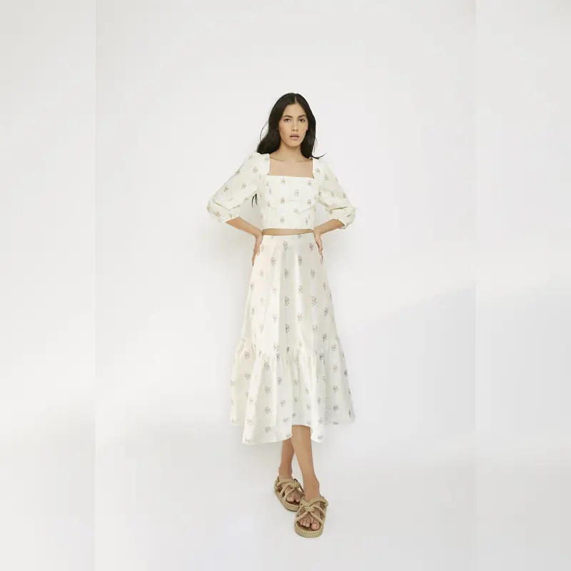 Glamorous Yellow Stripe Flower Ruffle Midi Skirt 2