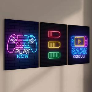 Game Console Pattern Canvas Painting with Frame, 3 Counts/set Neon Game Console Pattern Wall Art, Modern Wall Art for Home Living Room Bedroom Office Decor