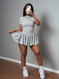 Two-piece Set Women's Solid Color Tee & Skort, Casual Short Sleeve T-shirt & Skort for Daily Wear, Ladies Clothes for Spring & Summer