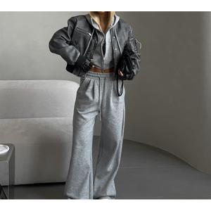 Autumn Women's Casual Set Solid Color Short Waist-Exposing Hooded Cardigan Tie-Up Sweatpants Suitable for Girls, Women's Fashion Sports Set Clothes Womenswear spotlight  clothes Gamis Long Sleeve 2  pcs travel  fit two  piece  outfit