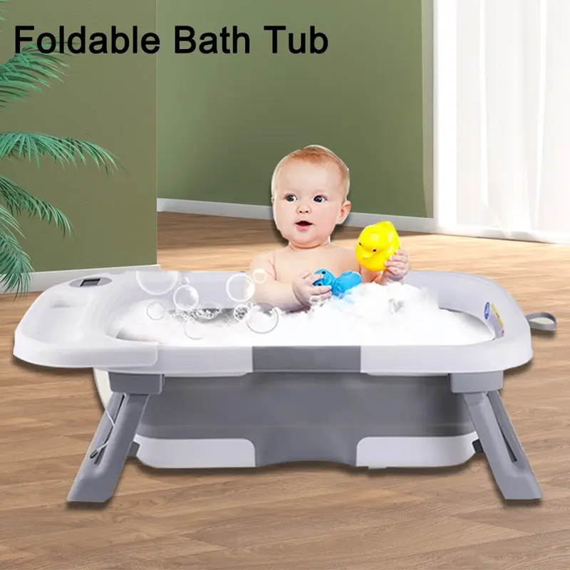Foldable Baby Bath Tub Ergonomic with Temperature & Cushion Bath Pad + Bath Net 7