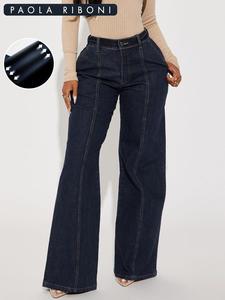 Women's Plain Pocket Elastic Waist Wide Leg Jeans, Casual Comfy Button & Zipper Fly Trousers for Daily Wear, Ladies Bottoms for All Seasons