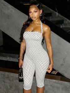 Women's Polka Dot Sleeveless Halter Bodycon Long Pants, Elegant Retro Chic Style, Perfect for Daily Commute and Dates, Womenswear