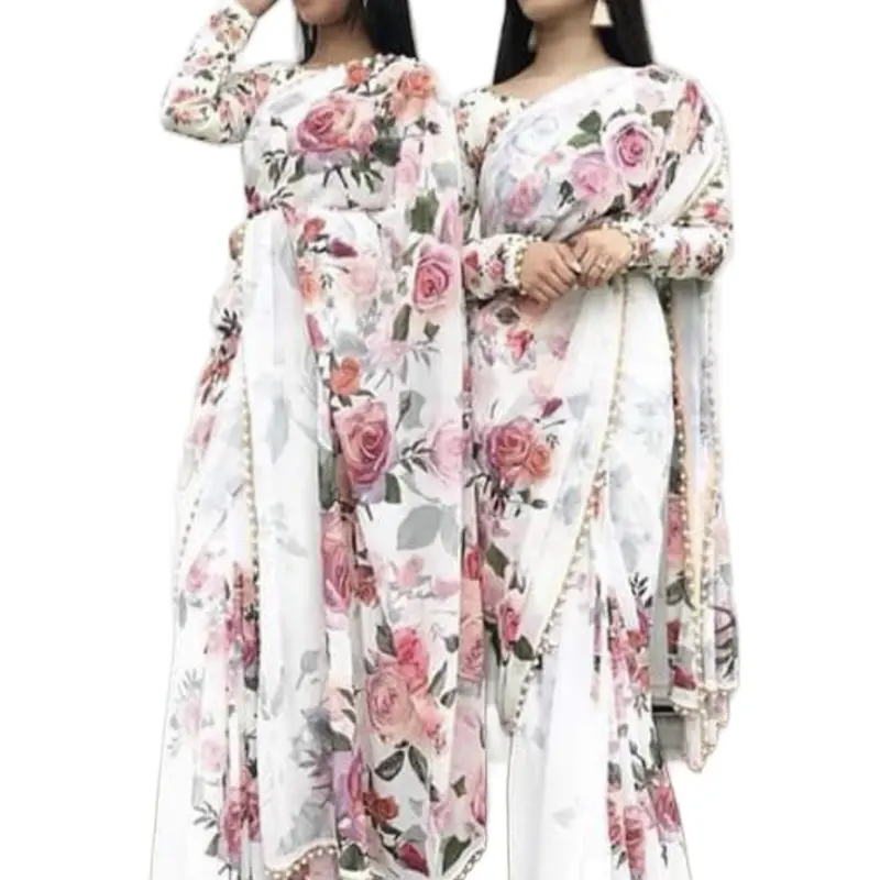 Georgette  Floral  Saree with pearls on the border. Blouse is unstitched