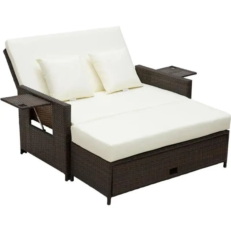 Brown 2 Seater Rattan Garden Daybed With Side tables and Thick Comfy Cushions - Perfect For Enjoying Long Lazy Summer Days 0
