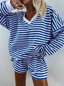 Two-piece Set Women's Striped Print Top & Elastic Waist Shorts Loungewear, Casual V Neck Long Sleeve Top & Shorts Pj Set, Ladies Sleepwear for Spring, Womenswear, Homewear, Longsleeves Apparel