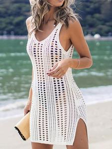 Women's Plain Hollow Out Split Hem Cover Up Dress, Casual V Neck Sleeveless Cover Up Dress for Summer, Ladies Swimwear for Beach Holiday Vacation, Crochet Swimsuit Cover