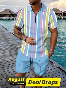 Men's Colorblock Striped Print Short Sleeve Shirt & Shorts Two-piece Set, Casual Fashion Cozy Breathable Outfits for Summer, Men's Clothes for Daily Wear, Shortsleeve Menswear, Blue Casual Lounge Set