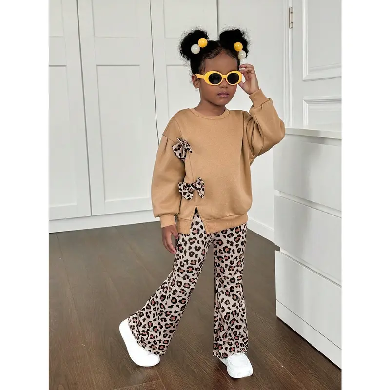 2pcs/Set Young Girl Solid Color Round Neck 3D Leopard Print Bow Knitted Sweater Top With Leopard Print Knitted Pants 0