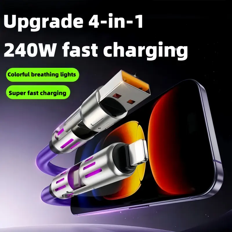 240W 4-in-1 Super Fast Charging Cable with RGB Breathing Light for Samsung iPhone7-16ProMax iPad Notebook Tablet - Cellphone, Smartphone Charger 4  1  charging  cable