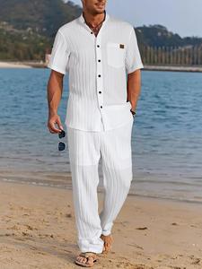 Men's Solid Color Short Sleeve Shirt & Pants Two-piece Set, Regular Fit Casual Button Down Top & Pocket Trousers for Summer, Men's Two-piece Outfits for Beach Vacation
