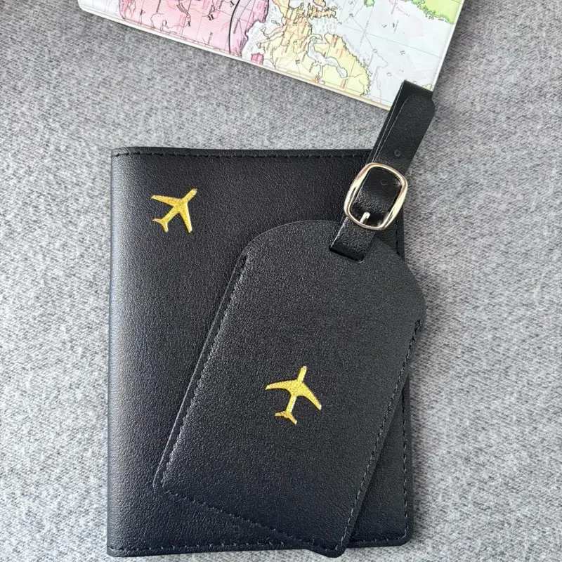 Black Passport Cover & Luggage Tag Set for Travel