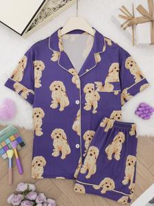 Women's All Over Dog Print Short Sleeve Lapel Neck Shirt & Elastic Waist Shorts Pajama Two-Piece Set, Casual Comfy Button Front Chest Pocket Design Top & Shorts PJ Set, Ladies Sleepwear for Summer Shirt Shorts Pyjama