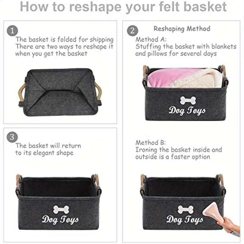 ORACEGRA        1 Piece FUKUCHONG Vinyl Felt Dog Toy Storage Basket - A Pet Toy Organizer with Handles, Battery - Free. 3