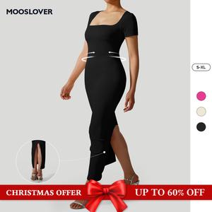 Mooslover UK Women's Square Neck Short Sleeve Maxi Dress Ribbed Seamless Bodycon Dresses for Women Soft Lounge Dress Casual Comfort【ChristmasOutfits】