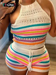 Women's Striped Print Co-ord Set, Casual Halter Neck Backless Sleeveless Crop Top & Drawstring Waist Knitted Shorts Set for Summer, Ladies Clothes for Daily Wear, Fit, Striped Knit Sets, Womenswear