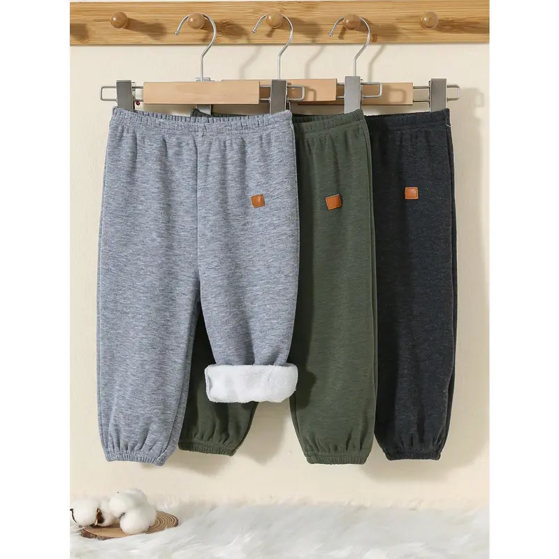 3pcs Baby Boy Casual Solid Color Thermal Lined Elastic Waist Pants, Suitable For Autumn/Winter 2