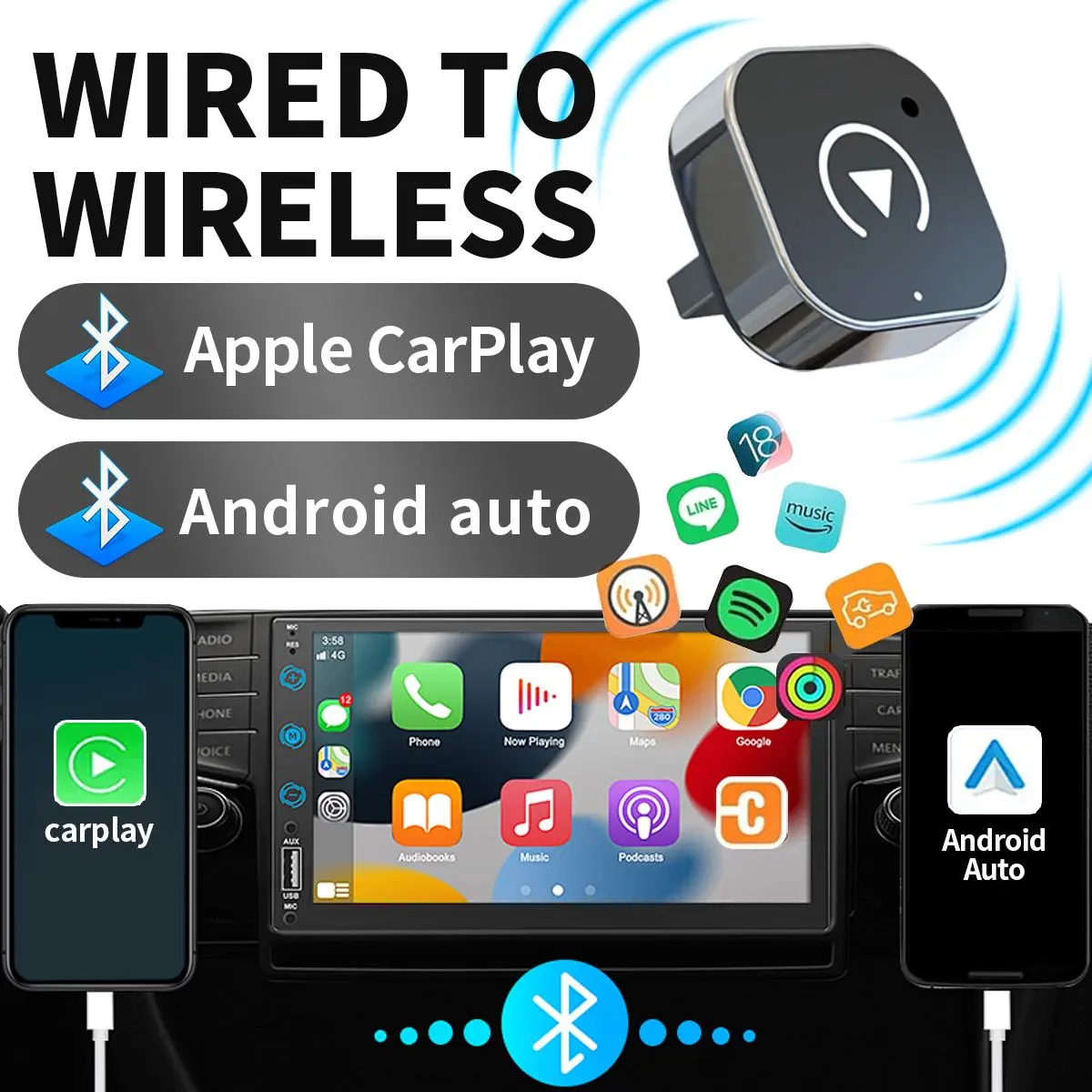 【UK SELLER Delivered within 72H】2 in 1 Wireless CarPlay Adapter & Android Auto Wireless Adapter - Convert Factory Wired to Wireless CarPlay Dongle Cars - Stable Fast Connection- Plug& Play - Auto Connect & Online Update