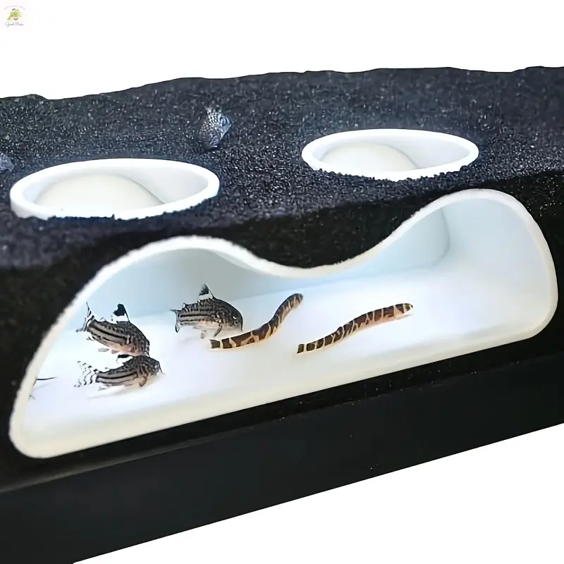 Good Oasis  ABS Resin Construction Dual-Opening Aquarium Tunnel Cave - A Natural Curve Hideout Under Gravel with Blue Openings, Great for Corydora Catfish and Kuhli Loach. This Black/White Aquarium Decoration with a Sleek Look is Perfect for Large Aquariu