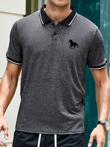 Men's Horse Print Polo Shirt, Loose Casual Short Sleeve Button Front Top for Summer, Fashion Men's Clothes for Daily Wear
