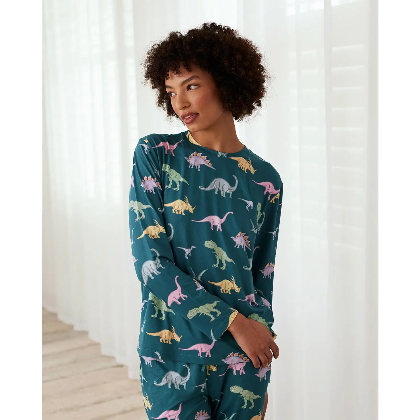 Dinosaur Print Long Pyjama Set - Dark Teal