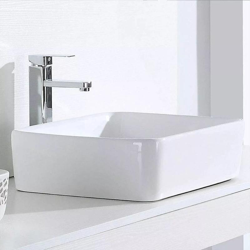 Modern White Ceramic Countertop Basin Rectangular Bathroom Sink | Stylish Cloakroom Wash Bowl for Vanity Unit, Ensuite or WC | Gloss Finish, Easy Clean & Durable | Space Saving Contemporary Counter Top Vessel Basin Sink for Home UK 4