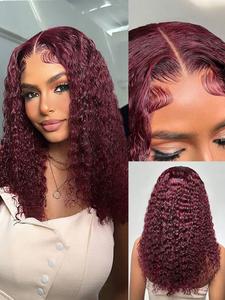 Glueless HD Transparent Lace Front Wig Pre Plucked Deep Wave 5x5 Curly Human Hair Wig 99J 180% Density Frontal Wig For Women Burgundy Color