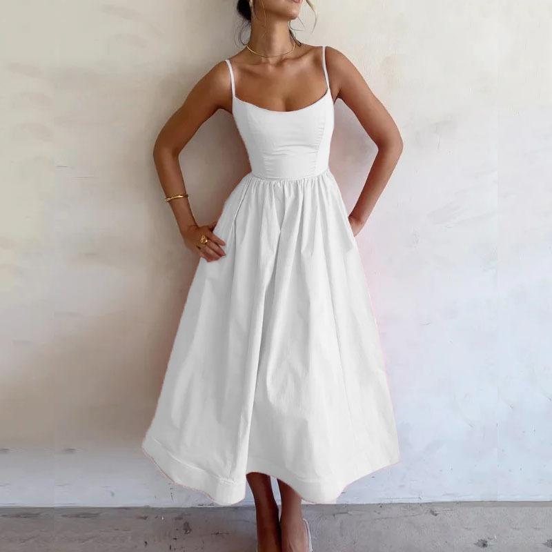 New Women's Clothing Temperament Commute Sexy Low-Cut Slim Fit Waist Trimming Spaghetti Straps Big Swing Dress Women Formal Womenswear 4
