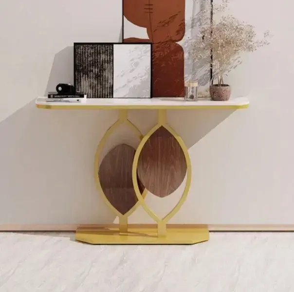 Modern Slate Hallway Console Table With Gold Metal Pedestal,high Gloss Tabletop