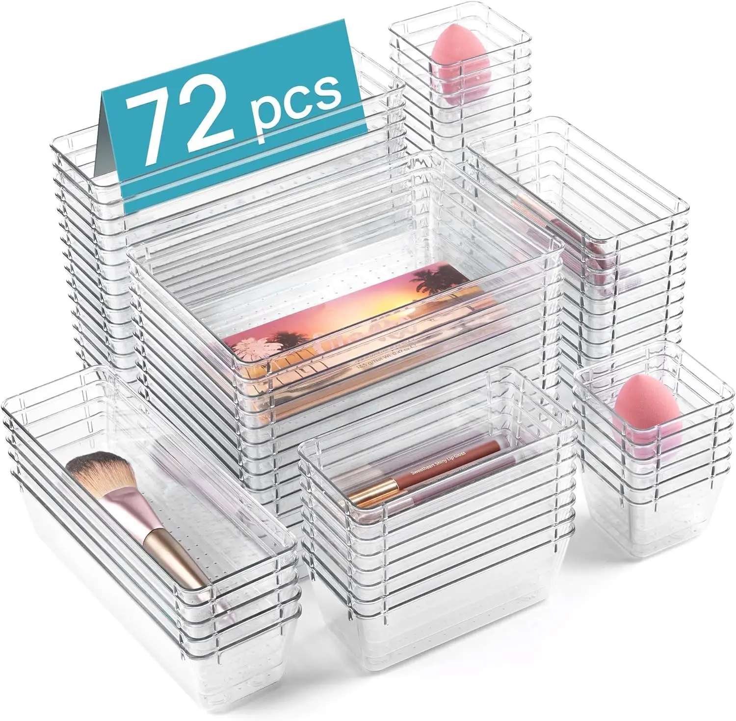 Vtopmart 72 Pack Clear Plastic Drawer Organizers Set, 4-Size Versatile Bathroom and Vanity Drawer Organizer Trays, Non-Slip Storage Bins for Makeup, Jewelries, Kitchen Utensils and Office Desk Boxes