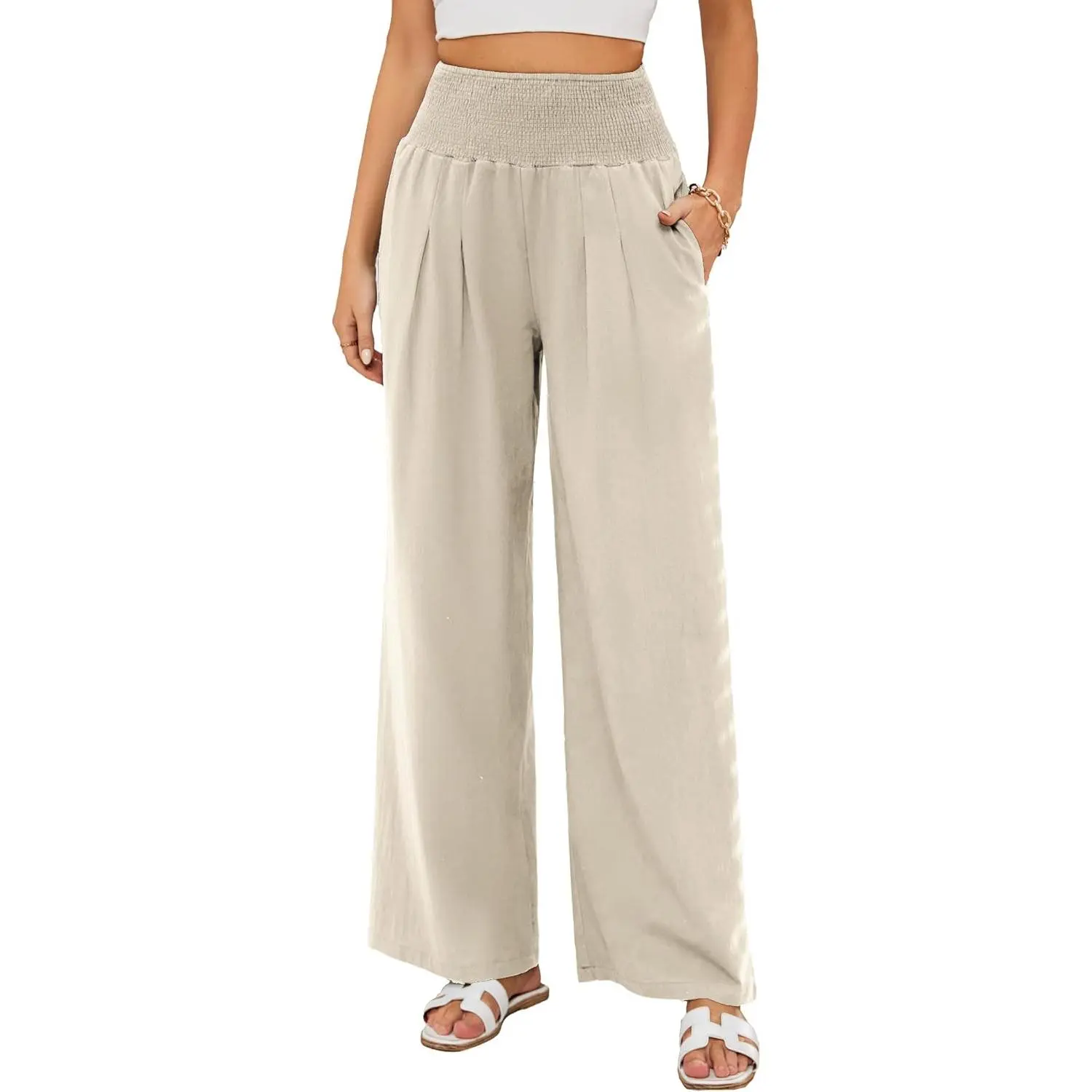 Womens Solid Color Summer Pants Ladies Loose Fit Casual Linen Wide Leg Pants with Pockets S-2XL