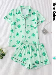 Women's Plants Print Crop Top & Shorts Pyjama Two-piece Set, Elegant Comfy Short Sleeve Lapel Neck Top & Shorts PJ Set, Ladies Sleepwear for All Seasons