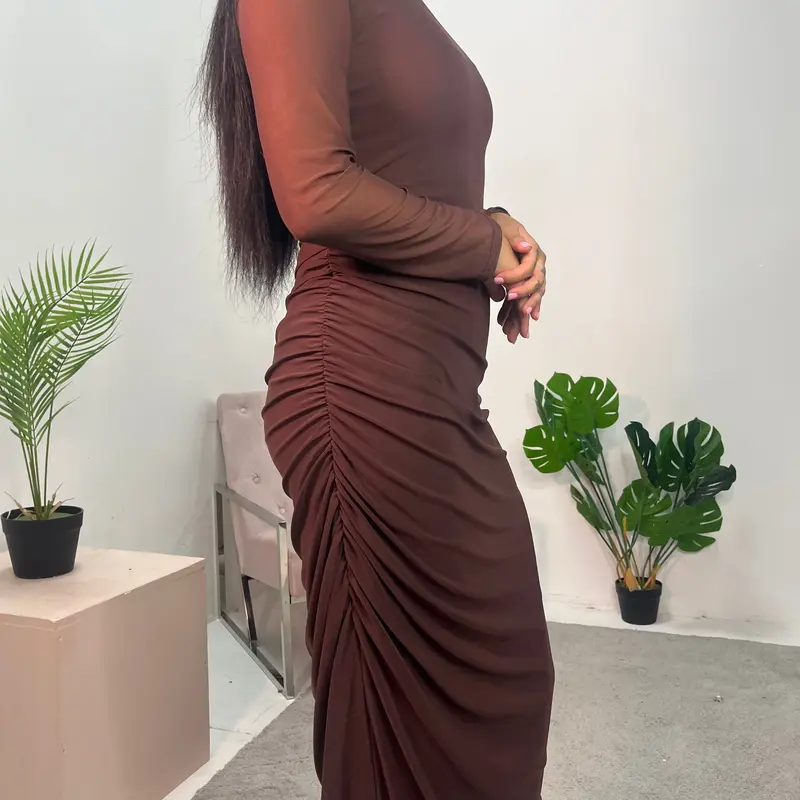 Vana Chocolate Plain Side Ruched Mesh Dress 1