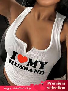 Women's Slogan Heart Print Notched Neck Crop Tank Top, Casual Fashionable Sleeveless Top for Daily Outdoor Wear, Ladies Clothes for Summer Valentine's Day, gift