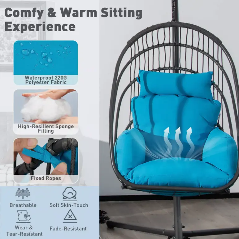 Folding Swing Egg Chair Hanging Chair Swing Basket Chair w/ Stand Cushion Pillow 3