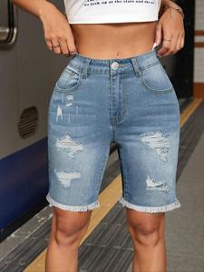 Women's Ripped Decorate Pocket Denim Shorts, Casual Minimalist Fashion Streetwear Fringe Trim Shorts for Daily Wear, Ladies Bottoms for Summer, Jean, Womenswear, Casual Breathable Shorts, Casual Fashionable Shorts