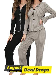 Women's Contrast Binding Lettuce Trim Pajama Set, Casual Bow Decor Flounce Sleeve Collared Top & Pj Pants, Women's Sleepwear for Spring & Fall, Pyjamas for Women, Womenswear, Everyday