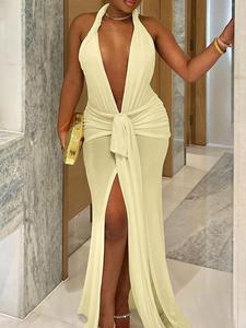 Summer Vacation Sexy Hot Cool Women'S Solid Color Thin See-Through Halter Long Slit Middle Sewing Dress