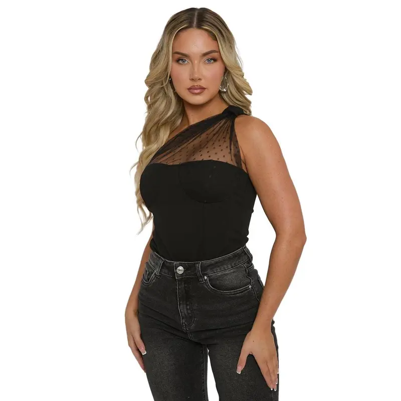 Carrie Polka Mesh Corset One Shoulder Bodysuit 0