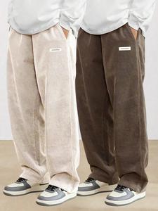 Men's Letter Patched Corduroy Pants, Casual Comfy Straight Leg Trousers for Fall & Winter, Woven Bottoms for Men