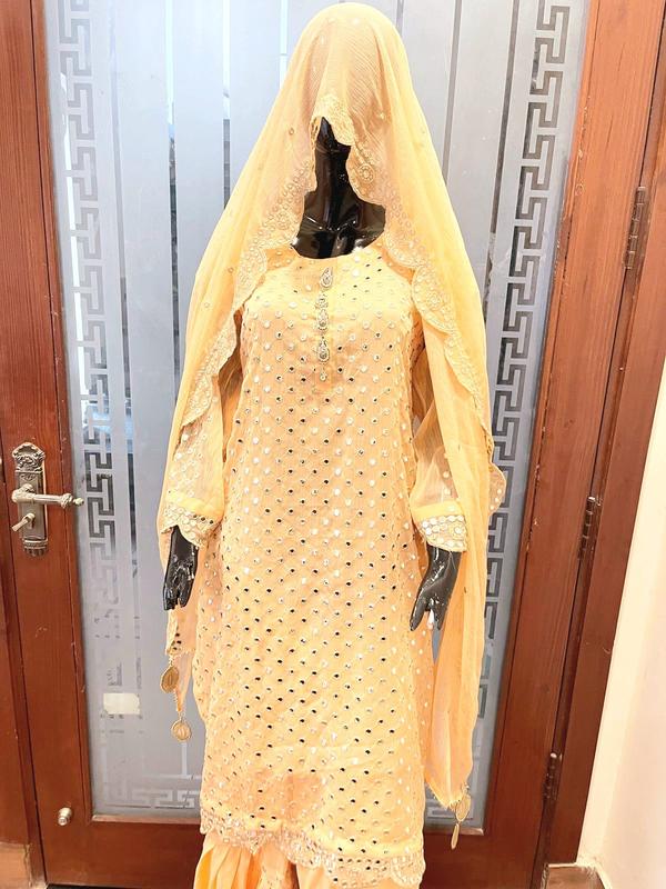 MI CLOSET  PERSENT ON EID COLLECTION with chiffon shirt and dupata emboidry tilla and sheesha work on allover sher and borders matha pati with heavy work with on neck fancy stud pati beauti full article grip inner silk palazo sharara style tailor stitch 2