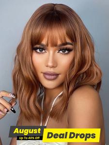 16 Inch Body Wavy Bang Style Wigs for Women, Summer 2025 Gorgeous Fluffy Short Length Wigs with Bangs, Synthetic Wigs for Party, Daily Use