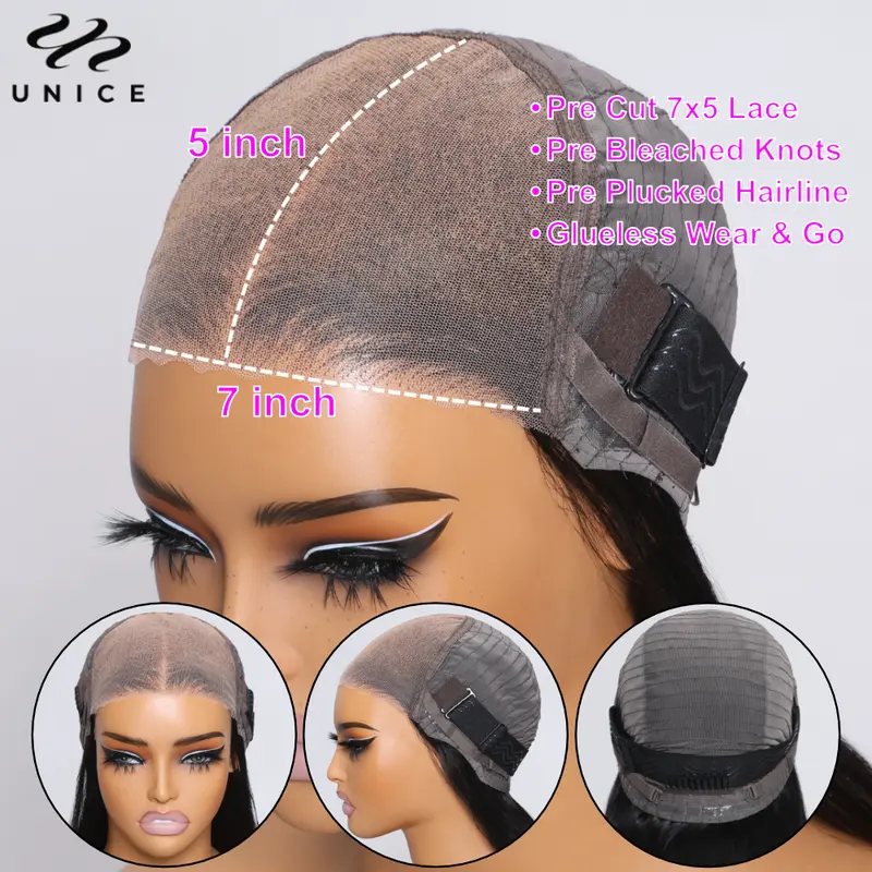 Unice Hair Pre Cut Pre Bleached 7x5 Loose Wave Wig With Bangs Wear Go Glueless Wig Pre Plucked Lace Front Human Hair Wig 2