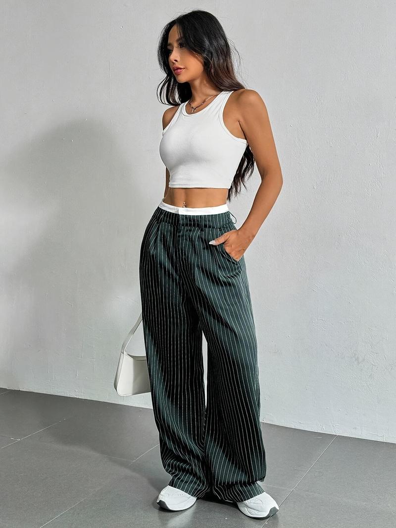 Product Introduction of Women's High-Waist Striped Wide-Leg Blazer Pants - Navy Blue & White Vertical Stripes, Polyester, Casual Style, Machine Washable, Spring/Summer/Fall Wear, Versatile Legwear | Wideleg Design | Glossy Texture, Wide Leg Pants 29