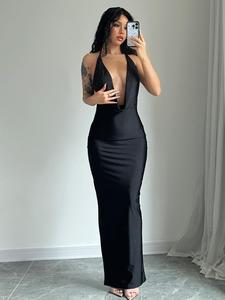 Women's Solid Backless Draped Tie Back Satin Dress, Slim Fit Fashion Halter Neck Sleeveless Long Bodycon Slim Dress for Evening Party, Ladies Summer Clothes, Huda Revenge Dress
